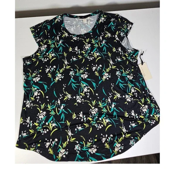 EMALINE WOMAN Floral Print Black Green White Short Sleeve Top Plus Size 2X - Picture 3 of 8